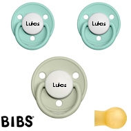 Bibs de Lux sutter med navn (1 Sage, 2 Mint) Runde Latex str.2, 3 pack